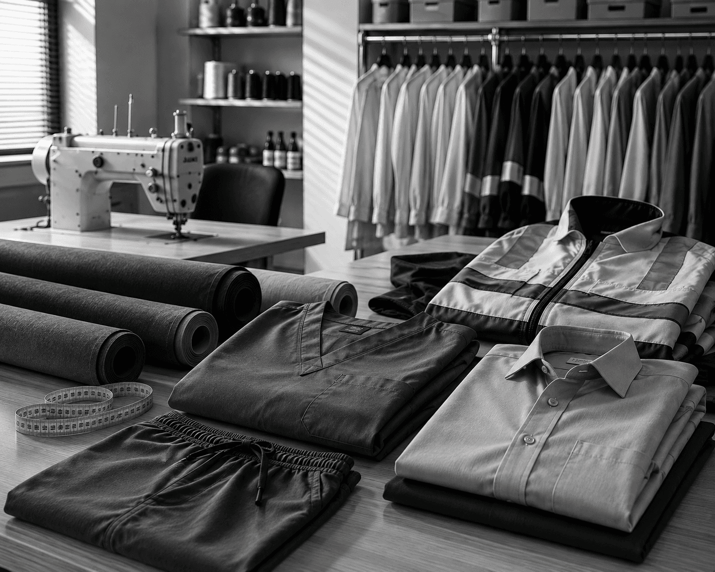 Finished uniform garments ready for bulk dispatch, produced monthly at scale