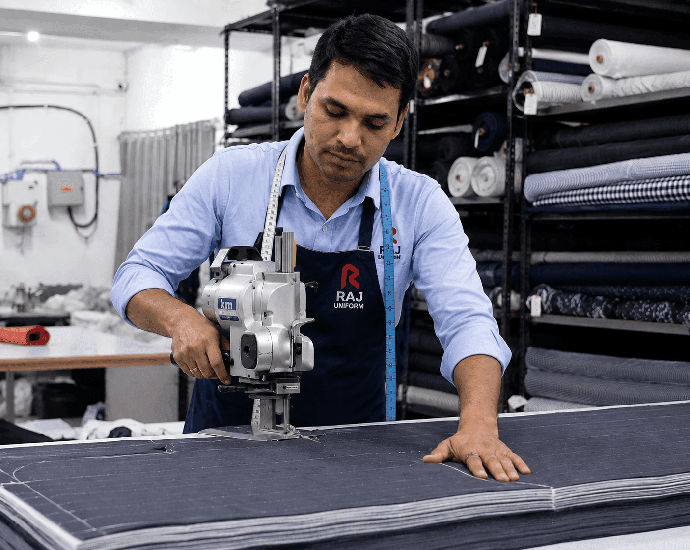 Fabric rolls being cut for bulk uniform production using industrial cutting equipment