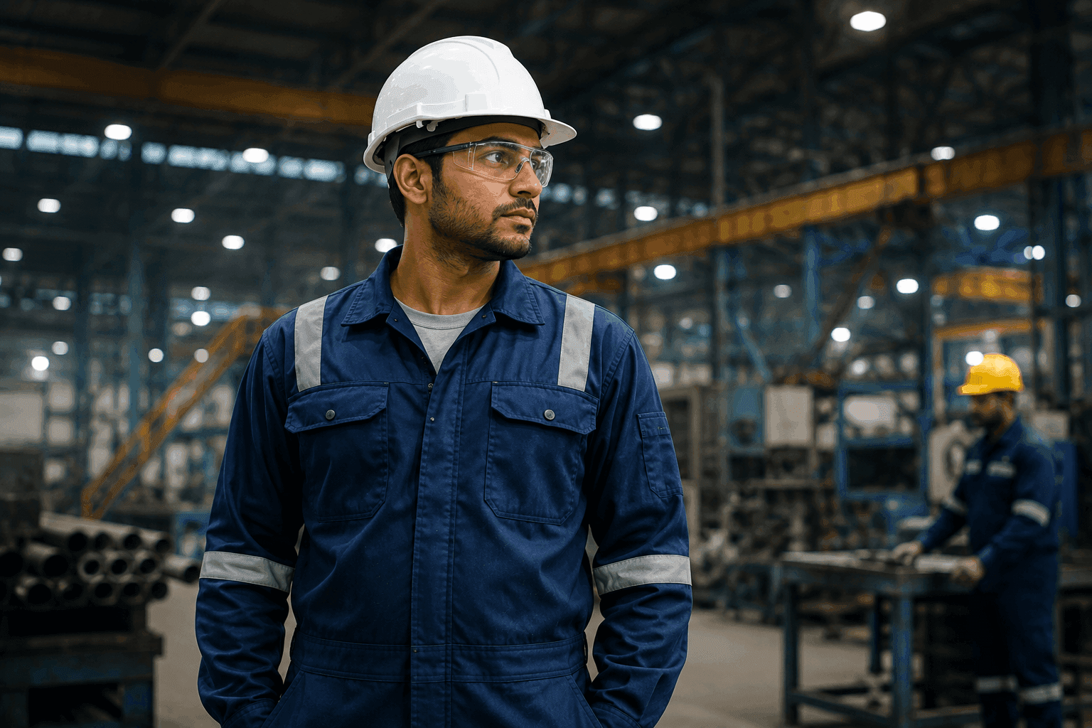 Worker wearing custom industrial safety uniform with reflective strips, manufactured by Raj International